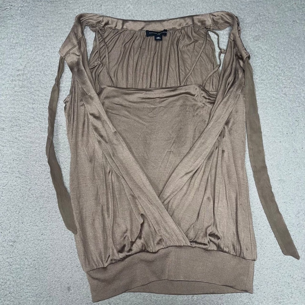 VTG Banana Republic Blouse Women's XS Brown 100% Silk Sleeveless Draped Wrap Y2K